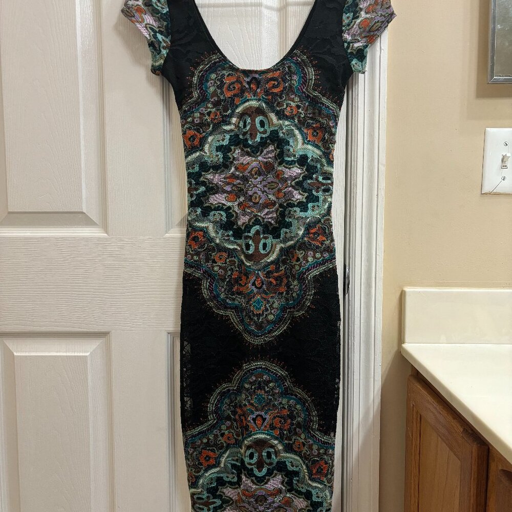 Love Fire Black Lace Midi Bodycon Dress Boho Cocktail Whimsigoth Sheer 90s Y2K S